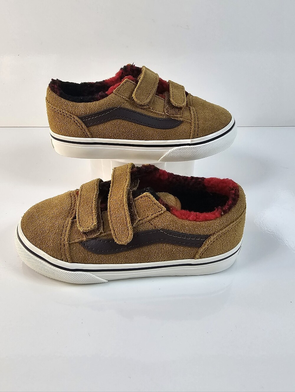 Vans Old Skool V Brown Suede Faux Fur Plaid Toddler 8.5 Velcro NWOB